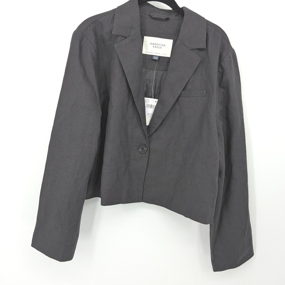 American Eagle Blazer Women XL Black Linen Lyocell Cropped Academia Professional